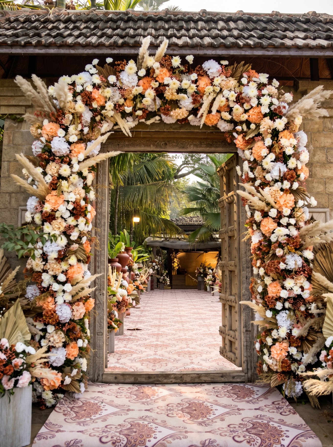Floral canopy wedding entrance with hanging jasmine and doves